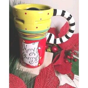 Funky Giftcraft Christmas Travel Ceramic Mug W/ Lid  Whimsical  16oz Merry Merry